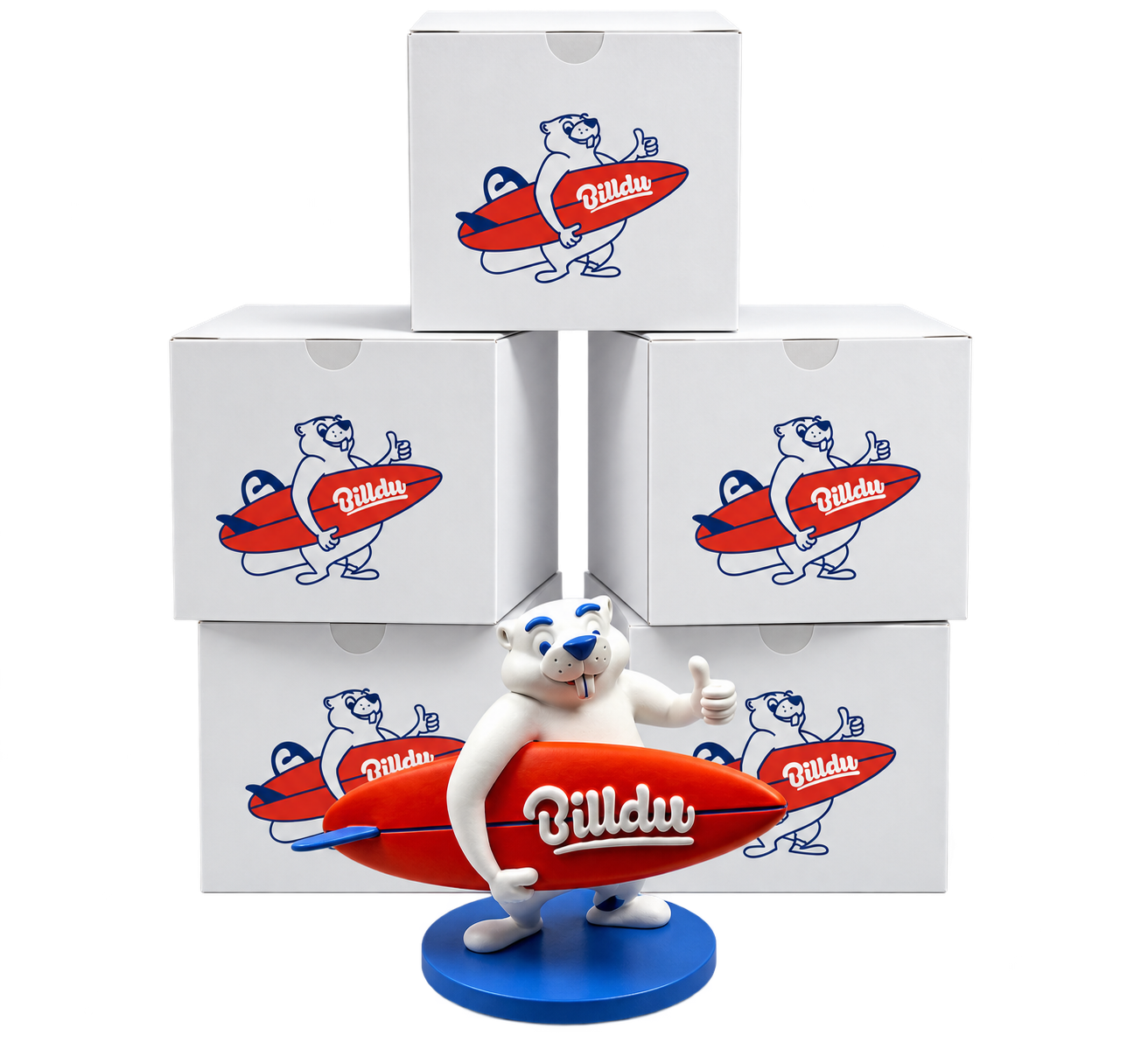 Billdu — hand-painted mascot figure with custom presentation boxes