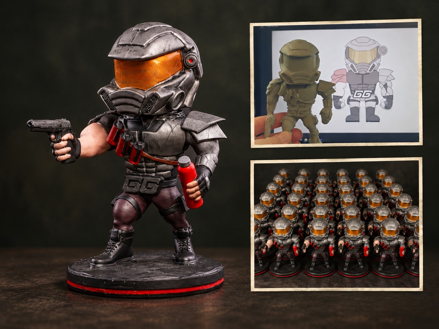 Booster Man — finished figure, prototype and production series; photo montage