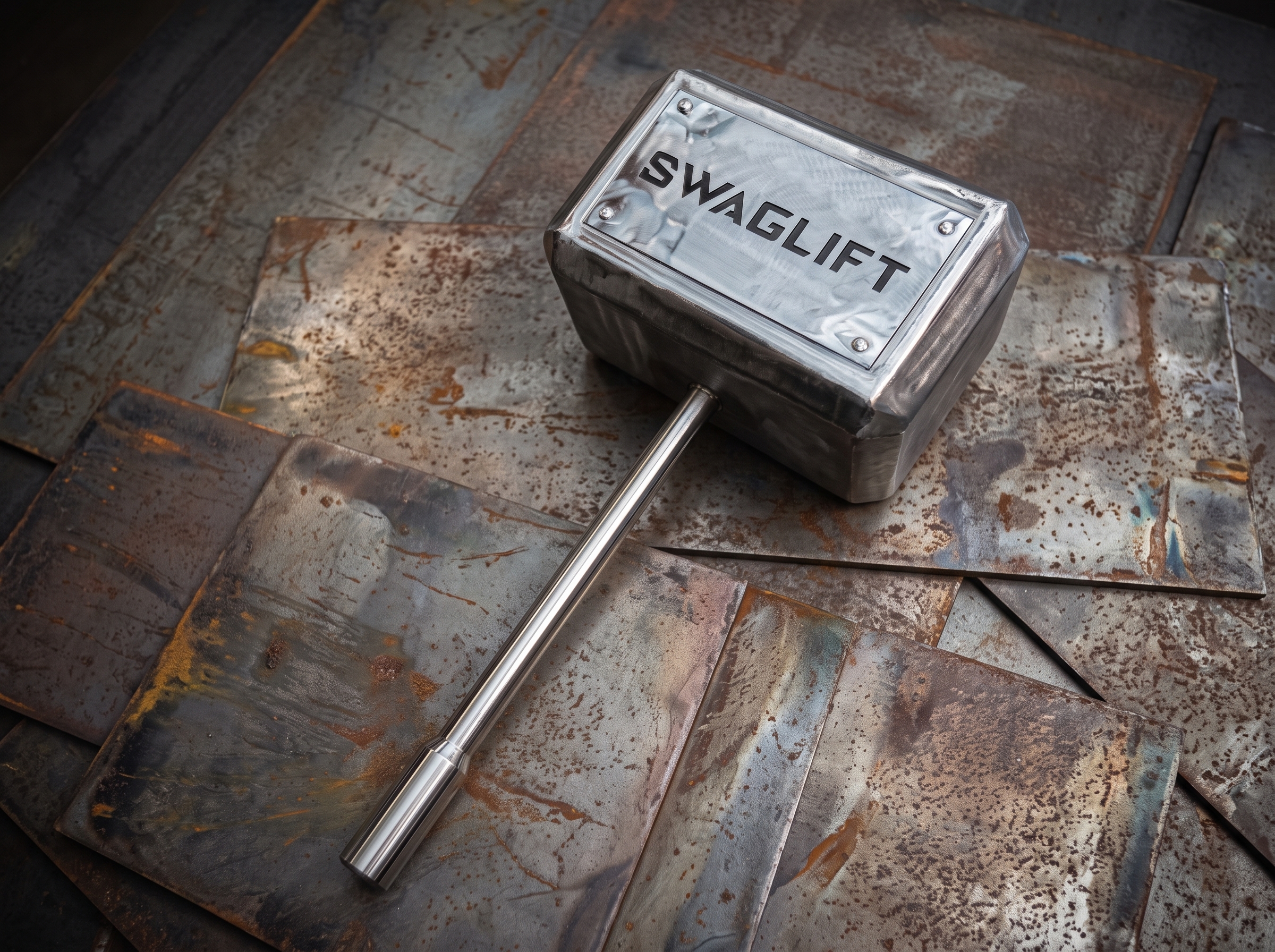 SWAGLIFT — custom welded iron hammer, original photograph on a studio background